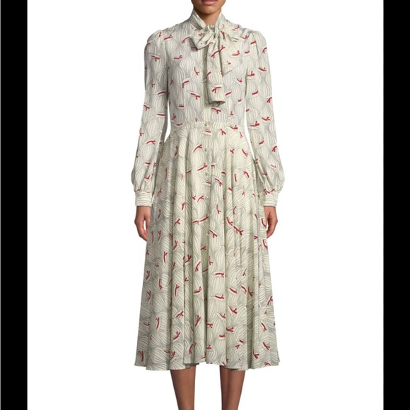 Bergdorf Goodman Bow-Neck Hat Print Silk Cream Red Easter Silk Midi Dress Size L - Picture 2 of 10